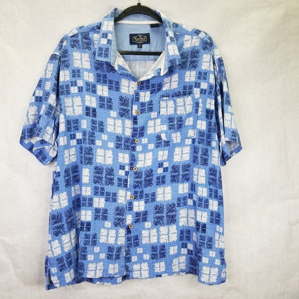 Nat Nast Button Up Shirt Men's Xl Silk Blend Blue Square Hawaiian Short Sleeve